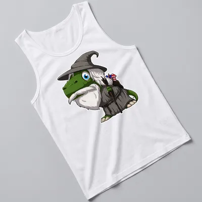 Cartoon wizard dinosaur wearing a wizard hat and robe with colorful accents — printed on a tank top