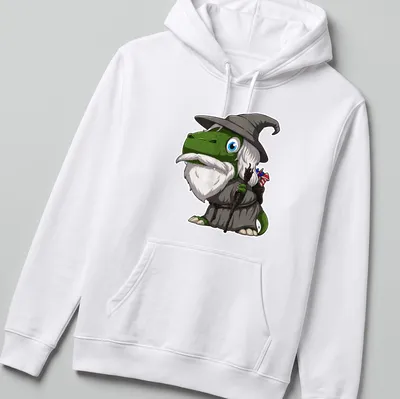 Cartoon wizard dinosaur wearing a wizard hat and robe with colorful accents — printed on a unisex hoodie