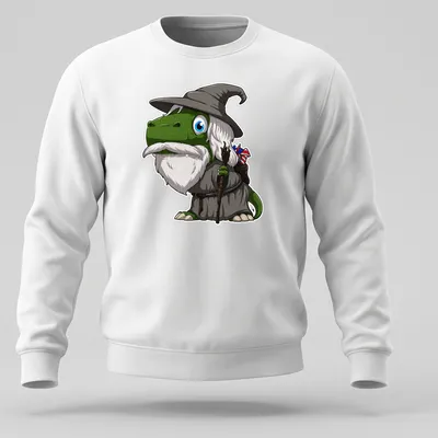 Cartoon wizard dinosaur wearing a wizard hat and robe with colorful accents — printed on a unisex sweatshirt