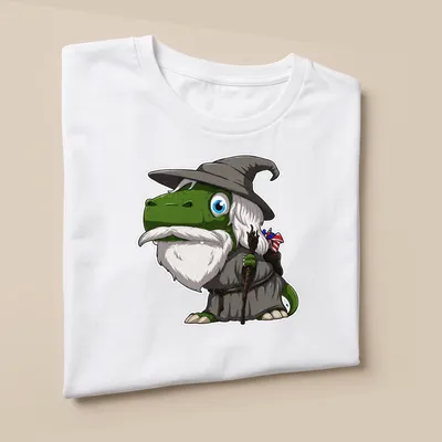 Cartoon wizard dinosaur wearing a wizard hat and robe with colorful accents — printed on a unisex t-shirt (angled view)
