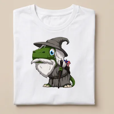 Cartoon wizard dinosaur wearing a wizard hat and robe with colorful accents