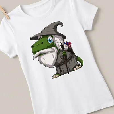 Cartoon wizard dinosaur wearing a wizard hat and robe with colorful accents — printed on a women's shirt