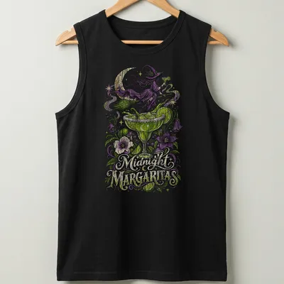 Vintage illustration of a witch holding a cocktail with Midnight Margaritas text — printed on a tank top