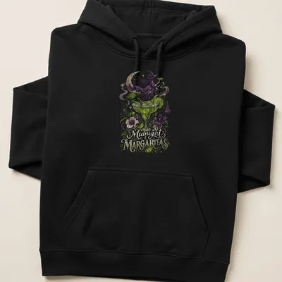 Vintage illustration of a witch holding a cocktail with Midnight Margaritas text — printed on a unisex hoodie