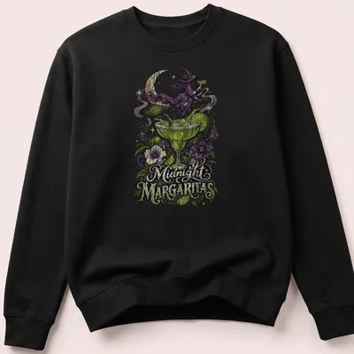 Vintage illustration of a witch holding a cocktail with Midnight Margaritas text — printed on a unisex sweatshirt