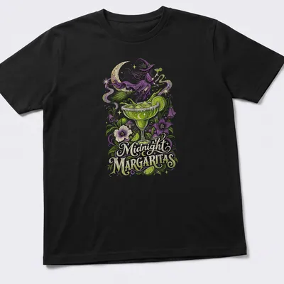 Vintage illustration of a witch holding a cocktail with Midnight Margaritas text — printed on a unisex t-shirt
