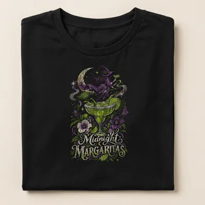 Vintage illustration of a witch holding a cocktail with Midnight Margaritas text — printed on a women's shirt