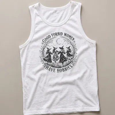 Vintage black and white shirt with witches and sarcastic text about hobbies. — printed on a tank top