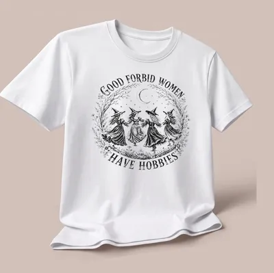 Vintage black and white shirt with witches and sarcastic text about hobbies. — printed on a unisex t-shirt (angled view)