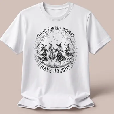 Vintage black and white shirt with witches and sarcastic text about hobbies.