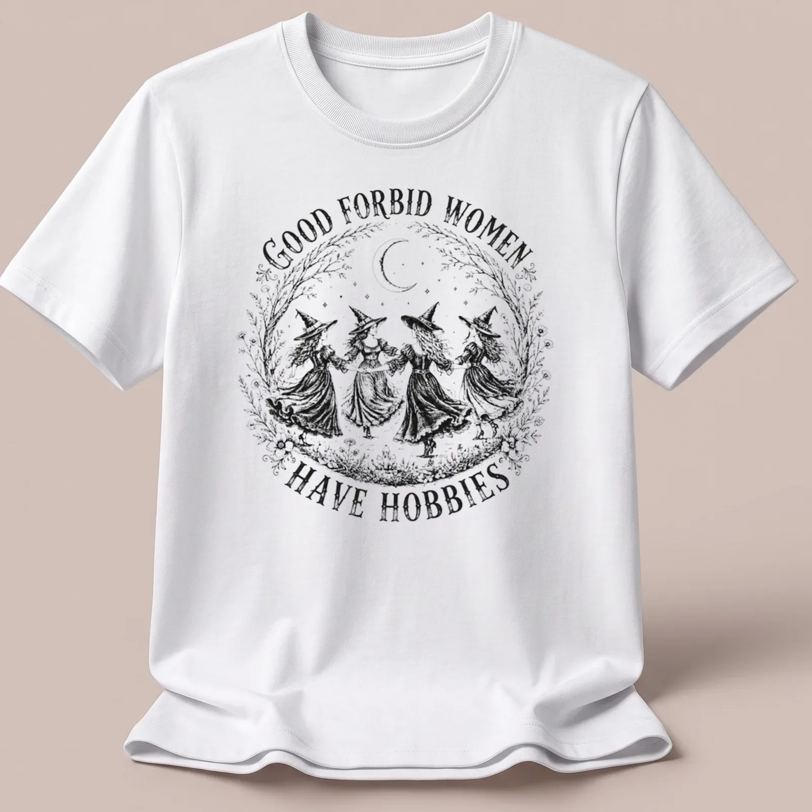 Vintage black and white shirt with witches and sarcastic text about hobbies. — printed on a unisex t-shirt