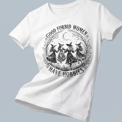 Vintage black and white shirt with witches and sarcastic text about hobbies. — printed on a women's shirt