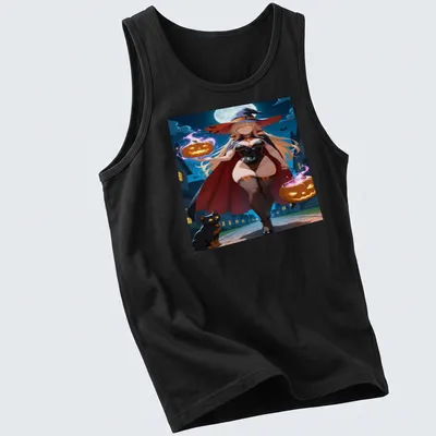 Anime style t-shirt featuring a sexy witch with pumpkins and a cat — printed on a tank top