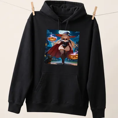 Anime style t-shirt featuring a sexy witch with pumpkins and a cat — printed on a unisex hoodie