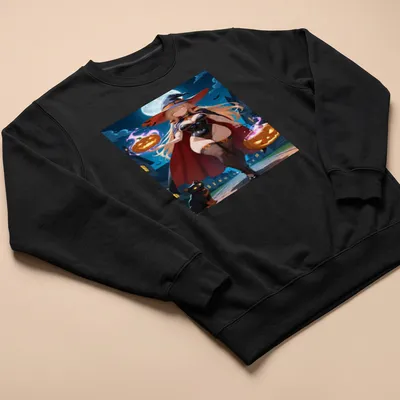Anime style t-shirt featuring a sexy witch with pumpkins and a cat — printed on a unisex sweatshirt
