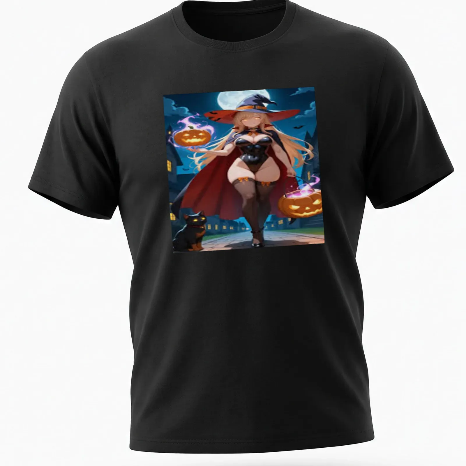 Anime style t-shirt featuring a sexy witch with pumpkins and a cat — printed on a unisex t-shirt