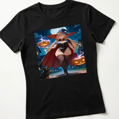 Anime style t-shirt featuring a sexy witch with pumpkins and a cat — printed on a women's shirt