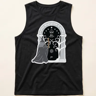 Wizard with staff surrounded by mystical symbols in black and gray illustration — printed on a tank top