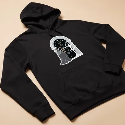 Wizard with staff surrounded by mystical symbols in black and gray illustration — printed on a unisex hoodie