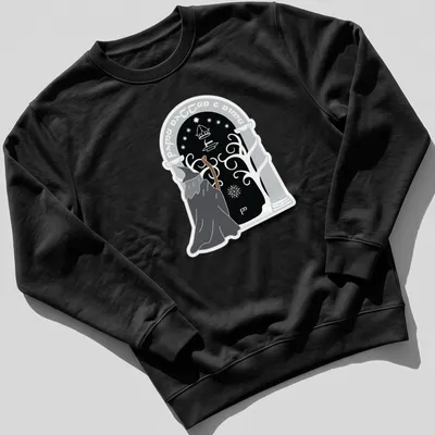 Wizard with staff surrounded by mystical symbols in black and gray illustration — printed on a unisex sweatshirt