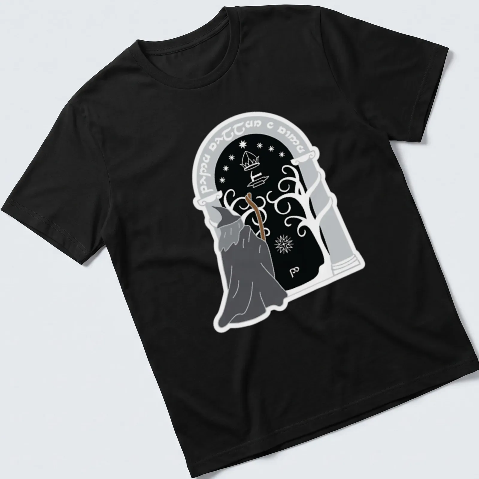 Wizard with staff surrounded by mystical symbols in black and gray illustration — printed on a unisex t-shirt
