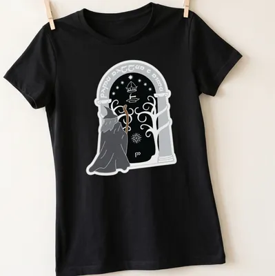 Wizard with staff surrounded by mystical symbols in black and gray illustration — printed on a women's shirt