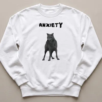 Realistic wolf print with the word ANXIETY in black and gray — printed on a unisex sweatshirt