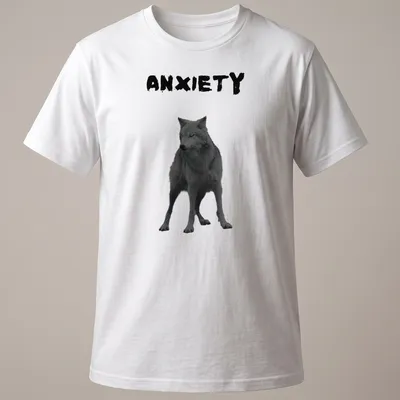 Realistic wolf print with the word ANXIETY in black and gray
