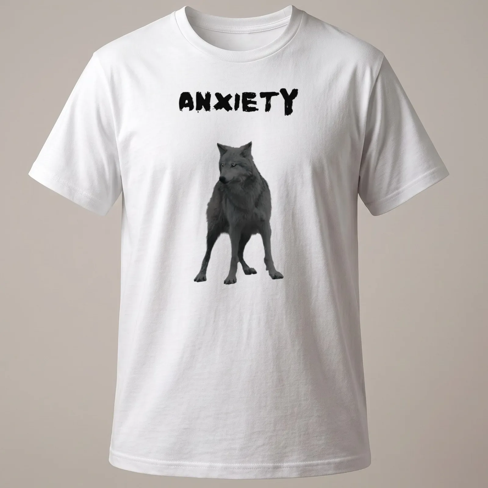 Realistic wolf print with the word ANXIETY in black and gray — printed on a unisex t-shirt