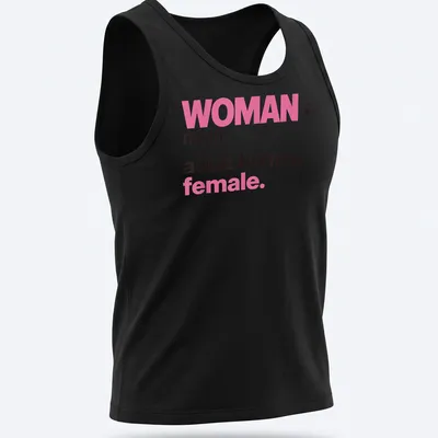 Bold typography t-shirt declaring 'WOMAN noun. adult human female.' in pink and black — printed on a tank top