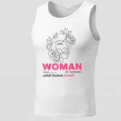 Floral woman face design surrounding the text defining 'woman' in line art style — printed on a tank top