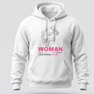 Floral woman face design surrounding the text defining 'woman' in line art style — printed on a unisex hoodie