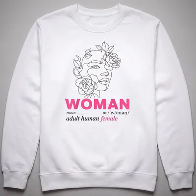 Floral woman face design surrounding the text defining 'woman' in line art style — printed on a unisex sweatshirt