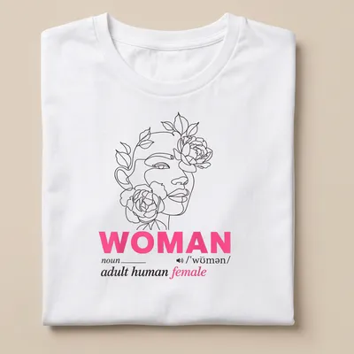 Floral woman face design surrounding the text defining 'woman' in line art style