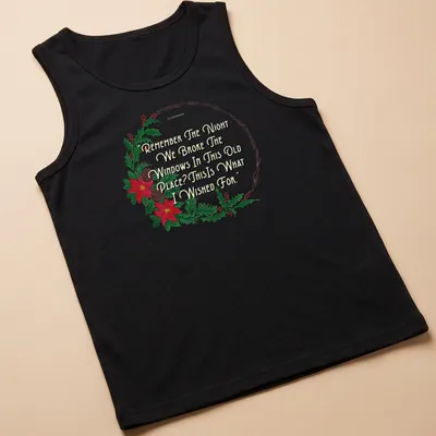 Watercolor wreath design with humorous text about breaking windows — printed on a tank top