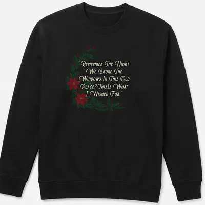 Watercolor wreath design with humorous text about breaking windows — printed on a unisex sweatshirt