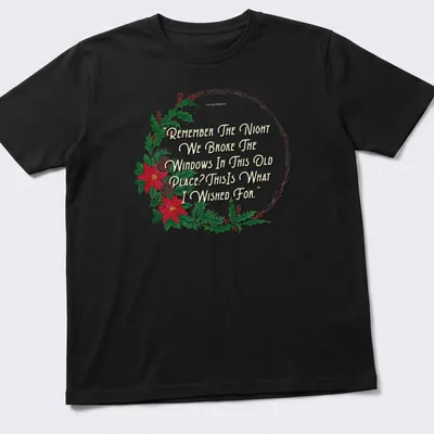 Watercolor wreath design with humorous text about breaking windows
