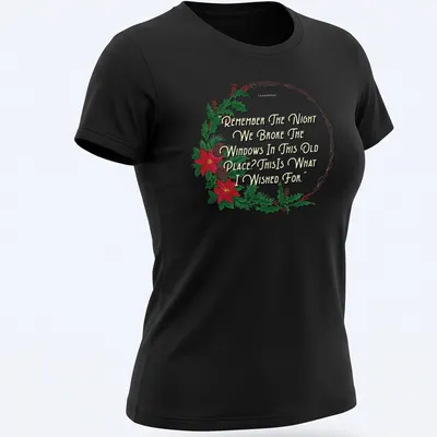 Watercolor wreath design with humorous text about breaking windows — printed on a women's shirt