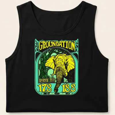 Vintage-style t-shirt featuring a yellow elephant and reggae-themed text. — printed on a tank top
