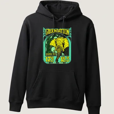 Vintage-style t-shirt featuring a yellow elephant and reggae-themed text. — printed on a unisex hoodie
