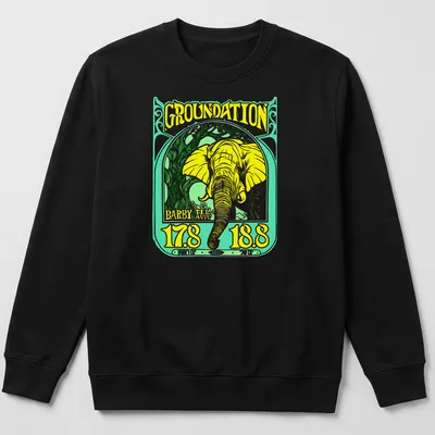 Vintage-style t-shirt featuring a yellow elephant and reggae-themed text. — printed on a unisex sweatshirt