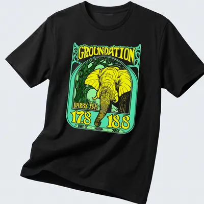 Vintage-style t-shirt featuring a yellow elephant and reggae-themed text.