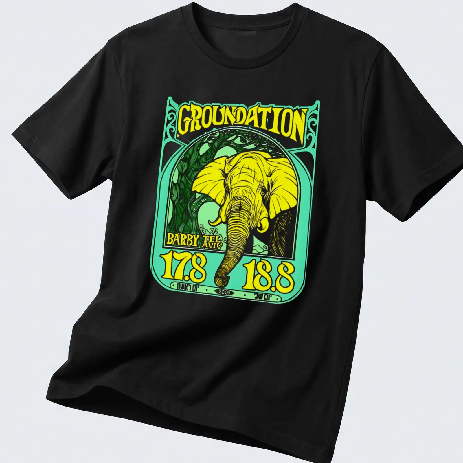 Vintage-style t-shirt featuring a yellow elephant and reggae-themed text. — printed on a unisex t-shirt