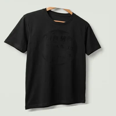 Distressed t-shirt featuring the Yin Yang symbol and Qigong text in black and white — printed on a unisex t-shirt (angled view)