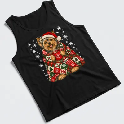 Yorkshire Terrier with coffee in a snowy festive illustration — printed on a tank top