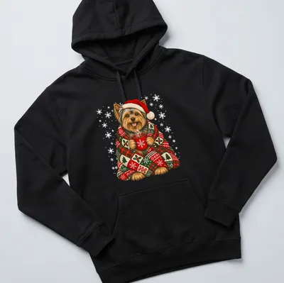 Yorkshire Terrier with coffee in a snowy festive illustration — printed on a unisex hoodie