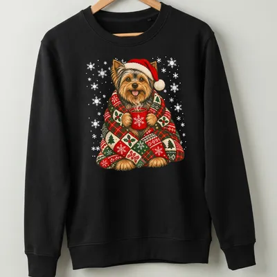 Yorkshire Terrier with coffee in a snowy festive illustration — printed on a unisex sweatshirt