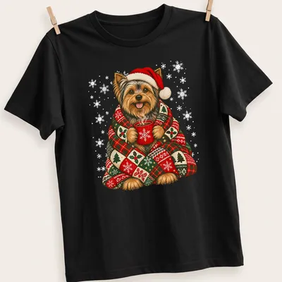 Yorkshire Terrier with coffee in a snowy festive illustration — printed on a unisex t-shirt