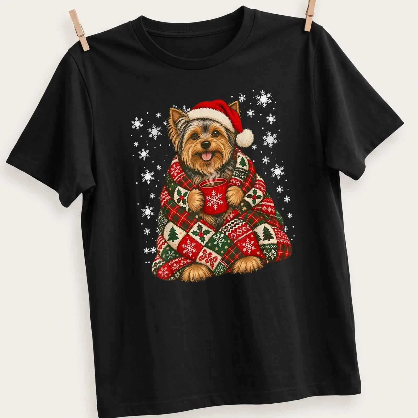 Yorkshire Terrier with coffee in a snowy festive illustration — printed on a unisex t-shirt