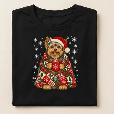 Yorkshire Terrier with coffee in a snowy festive illustration — printed on a women's shirt
